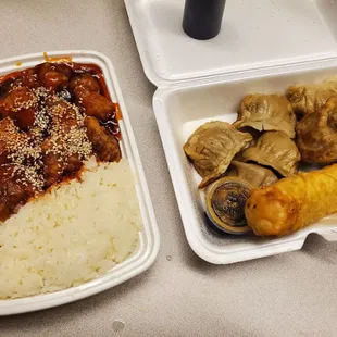 Sesame Chicken, Shrimp Egg Roll and Pork Dumplings