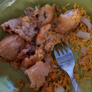 Me digging thru the batter to find the shrimp...still looking. You can also see the huge chunks of raw onion in the &quot;fried rice.&quot;