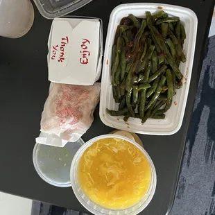 Sauteed string beans and chicken corn soup.