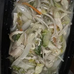 Bland, unseasoned, boiled chicken with noodles.