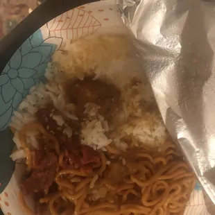 Sesame Chicken and Roast Pork Lo-Mein