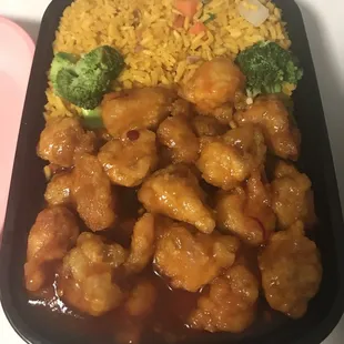 General Tso&apos;s chicken-good chicken, crunchy, and flavorful. Medium spice was not spicy.