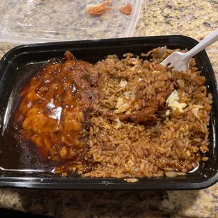 Chicken Egg FooYoung Dinner Combination changed the rice to chicken fried rice. It comes with 2 Pattie&apos;s.