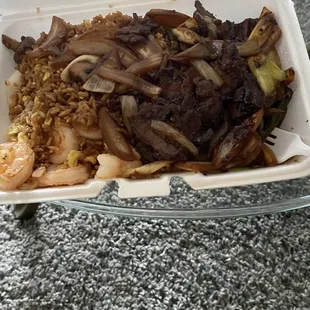 Mongolian beef and shrimp fried rice.