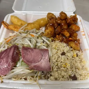 This is the #2 on the menu, 2. Sweet &amp; Sour Chicken Combo Plate w/Pork Noodles/fried rice about $15.