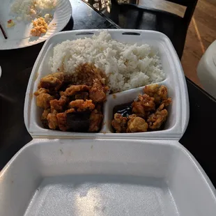 Orange Chicken heated by microwave.