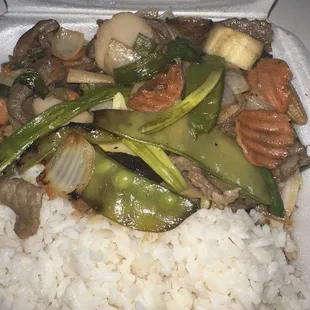 Szechwan beef and rice. 2 slices of beef in the entire dish!!!!Bland and flavor less.