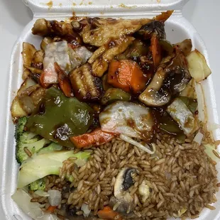 a take out container of food