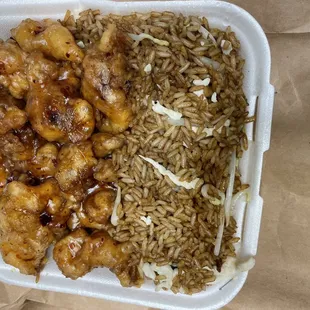 chicken and rice in a styrofoam container