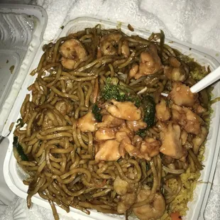 Shrimp lo mein & fried rice (stole a bit of chicken/broc from my hunni)