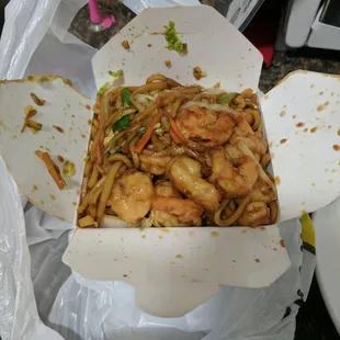 Shrimp lo mein $7.25 with tax. Lots of shrimp!