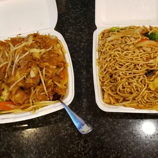 Shrimp chow fun and pork chow mein