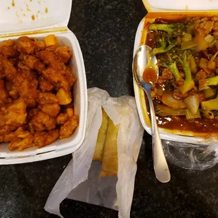 Orange chicken, egg rolls, and kung pao chicken