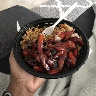Boneless spare ribs and pork fried rice.