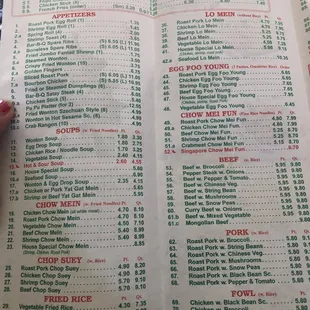 the menu of the restaurant