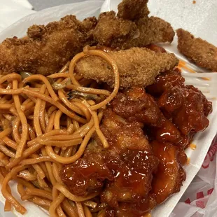 Chow mein, orange chicken and katsu chicken