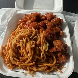 Combo 1 ($8.99). Double chow mein with orange chicken.