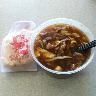 for extra dollar you can get a side of eggroll or soup. i opted for a pint of hot and sour soup.