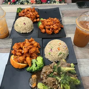 Stir fry Beef Broccoli, Orange Chicken, General Tso Chicken and fried rice.