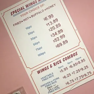 prices of wings and rice combos