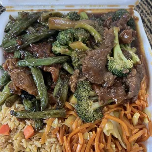 Noodles, Rice, Broccoli Beef, String Bean Chicken