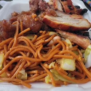 Orange chicken,  teriyaki chicken, and chow mein.