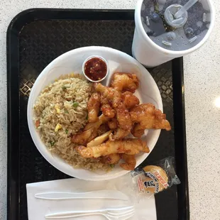 a plate of food and a drink