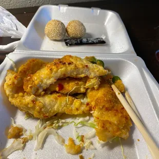 It was sooo good!! Take out only right now but worth it. I had the Salted Pepper Fish Fillet, Vegetable egg roll and Sesame Balls.