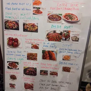 a white board with chinese dishes on it