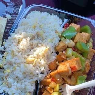 Lunch special. Kung pao tofu with fried rice. To go.