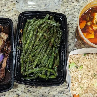 Spicy eggplant, green beans, mapo tofu, and fried rice