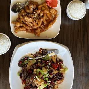 Ginger beef and sesame chicken