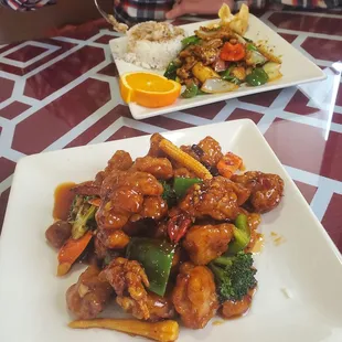 Crispy honey chicken and the black pepper chicken lunch special.