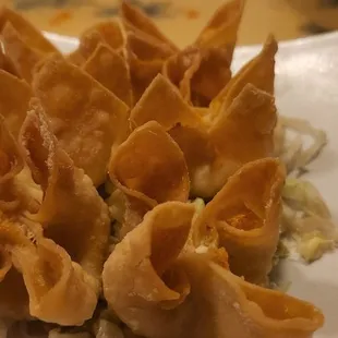 a plate of wontons on a table