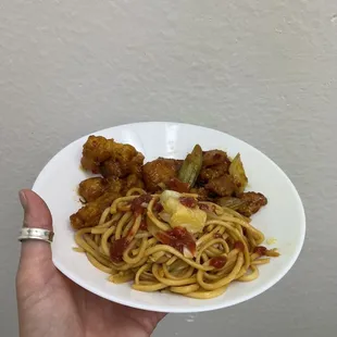 Orange chicken and kung pao chicken.