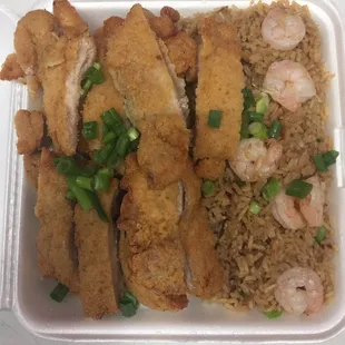 Boneless chicken with shrimp fried rice