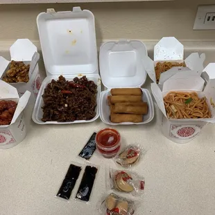 What I got for 43$ Hunan Beef Orange Chicken Sesame Chicken  Spring Rolls Veggie Chowmein Steamed Rice