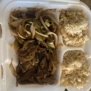 Mongolian Beef and Rice in regular container