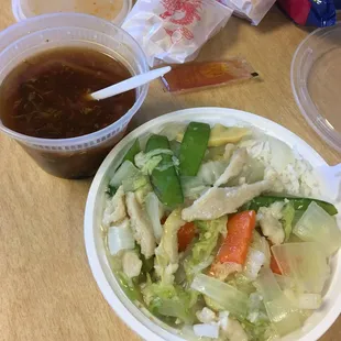 Hot and sour soup with their version of "chicken chow mein" it was good! But surprising they didn't have noodles