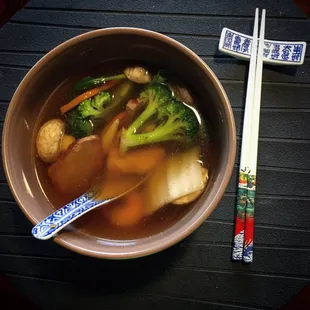 The House Soup is healthy and fresh, here. You can&apos;t go wrong with this choice! Low sodium version. I&apos;ve added hot pepper powder on top.