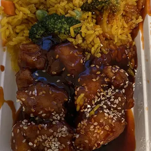 Their regular order of sesame chicken with vegetable fried rice