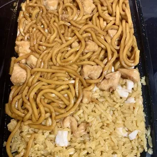Chicken lo mein and chicken fried rice
