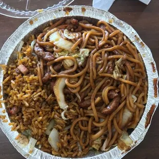 Lunch combo, beef lo mein and pork fried rice.