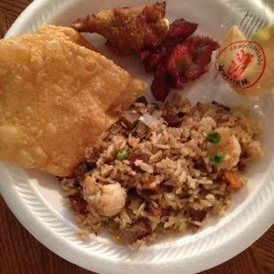 House rice, fried wonton, and BBQ pork