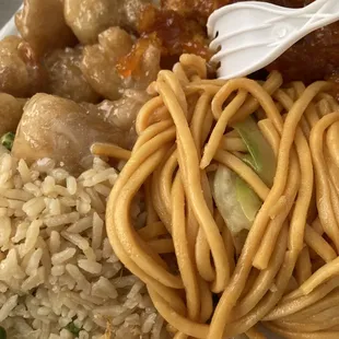 Fried rice, noodles, orange chicken and coconut shrimp  Fast, satisfying and taste.
