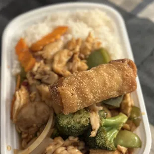 Chicken with garlic sauce w/ white rice. Fried egg role comes with it.