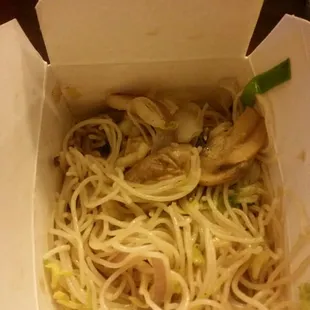 noodles and meat in a box