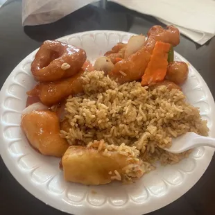 Sweet and sour chicken. I love it here cause they actually toss it instead of it being on the side.