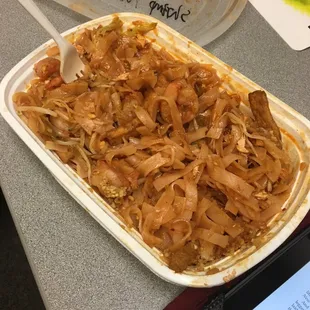 This is half eaten shrimp pad thai to show you how much food you get!