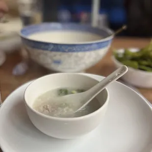 Congee - showing large serving bowl for comparison